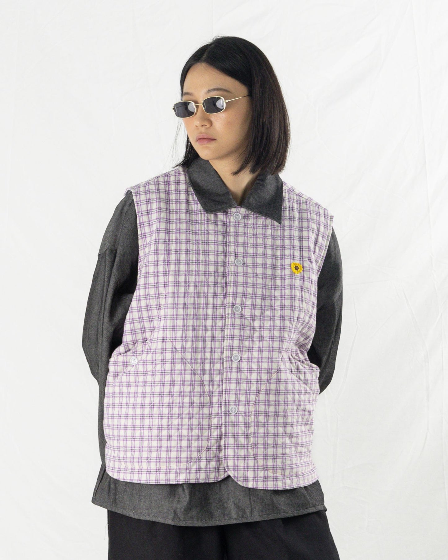 BURU VEST QUILT PLAID PURPLE/ WHITE